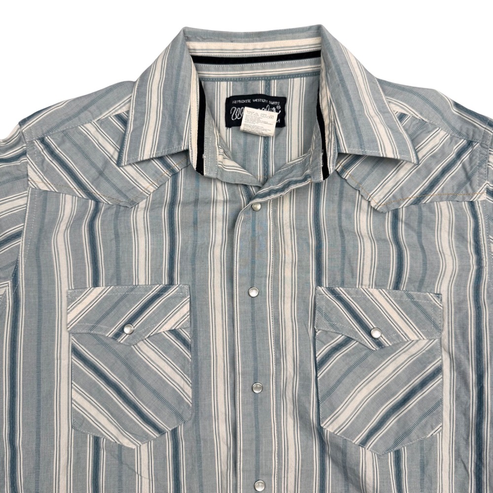 Wrangler Authentic Western Shirt Mens Medium Blue White Striped Pearl Snap Shirt
